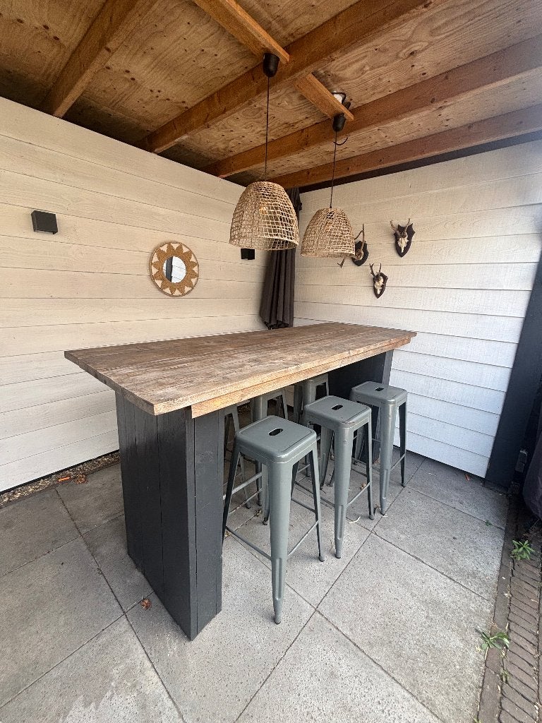 Hoge buitentafel met 6 barkrukken, Ophalen, Gebruikt, Rechthoekig, Hout