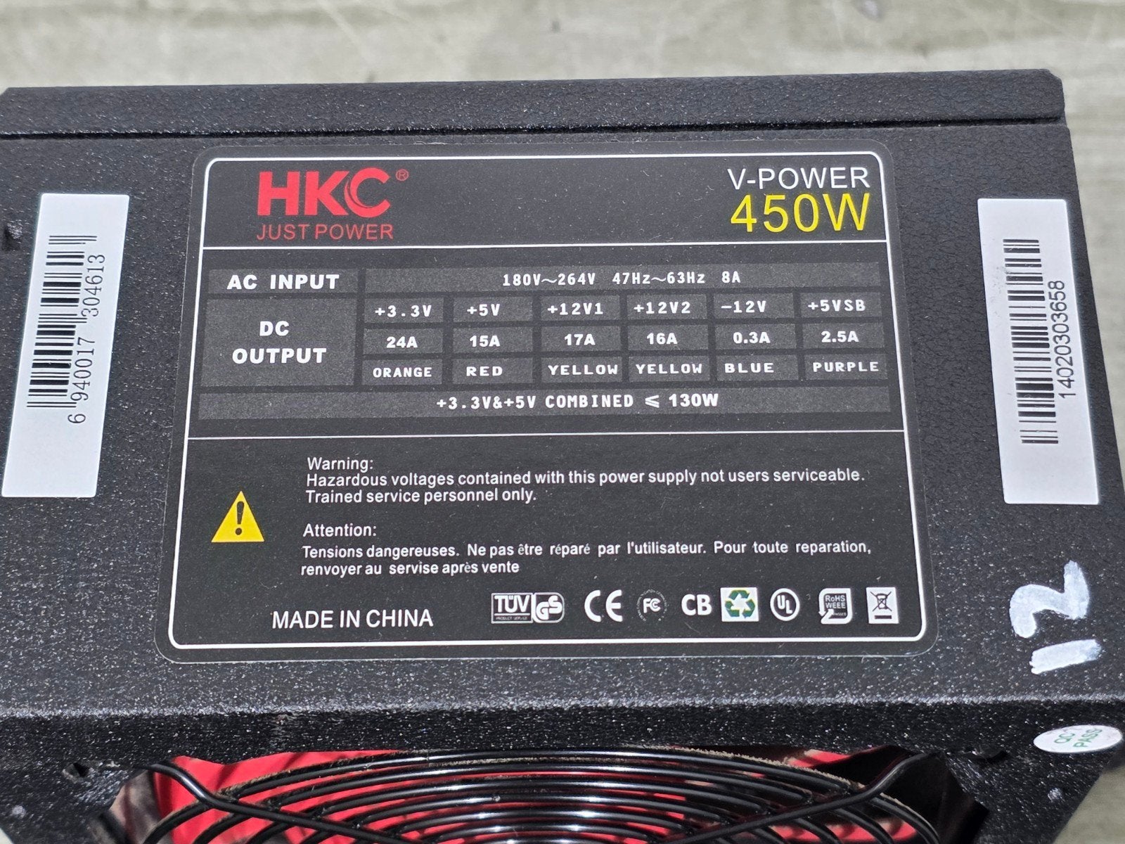 Hkc 450w max voeding psu power supply v-power, Computers en Software, Ophalen of Verzenden, Gebruikt