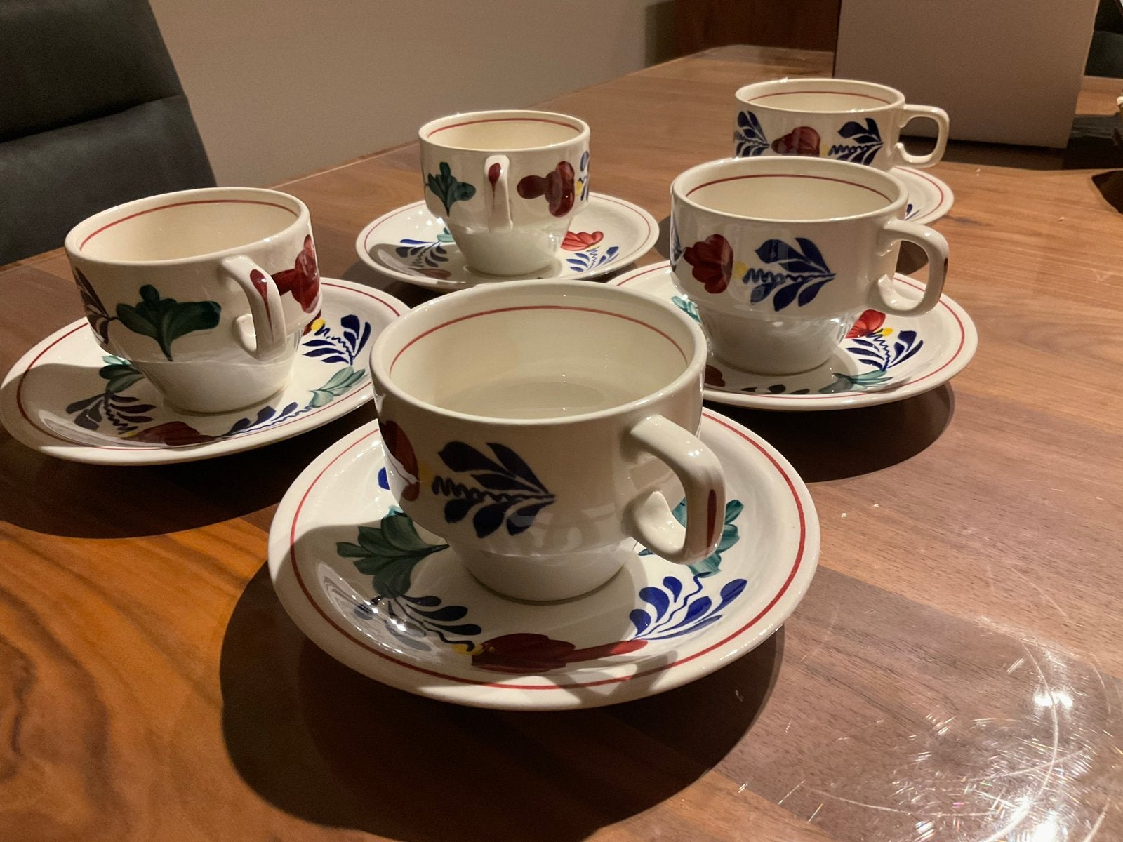 Set van 5 Boch Frères 'Boerenbont' kop en schotels, Antiek en Kunst, Antiek | Servies los, Ophalen of Verzenden