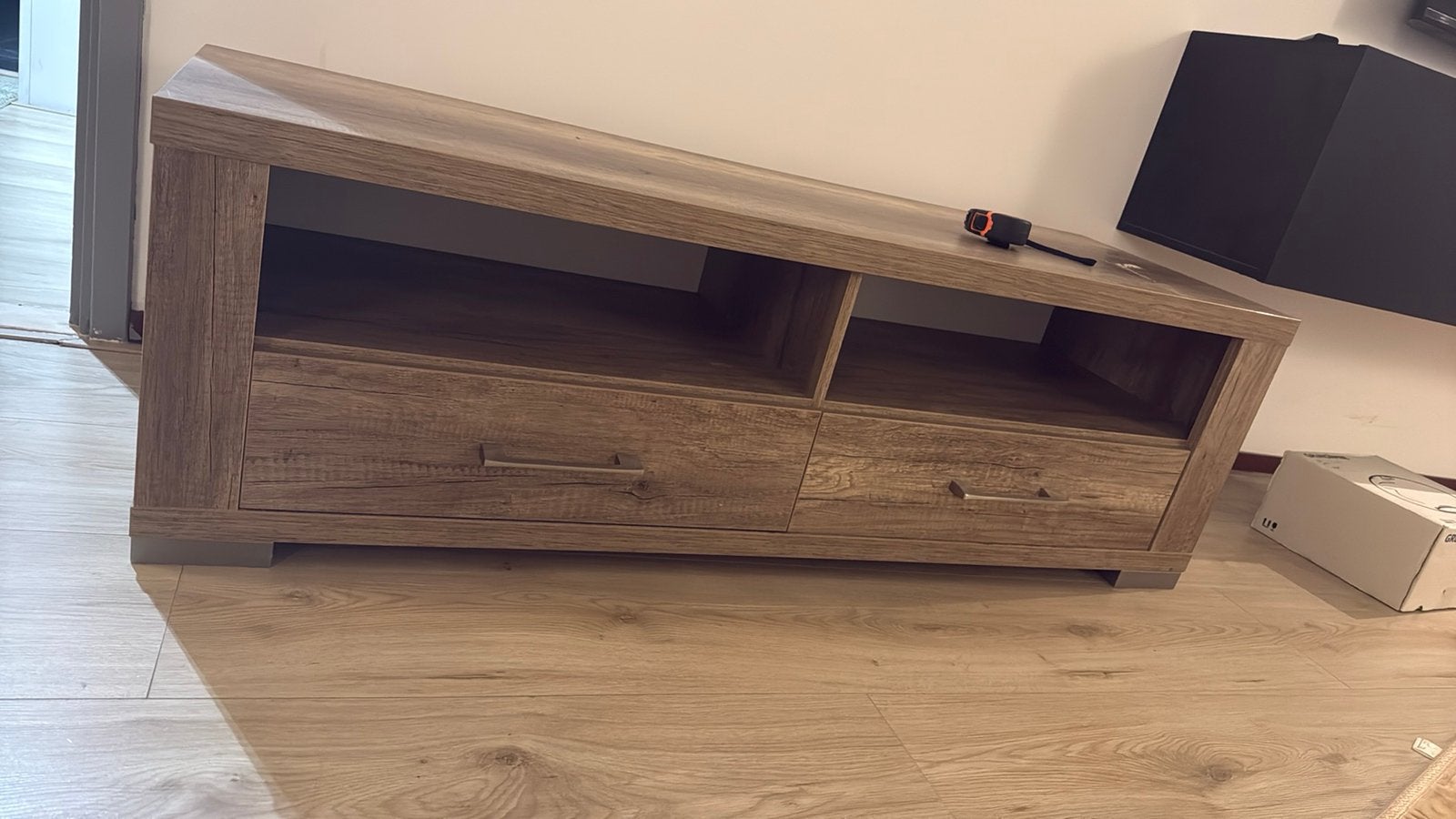 Moderne TV-meubel met lades en open vakken, Ophalen, Gebruikt, 100 tot 150 cm, Minder dan 100 cm