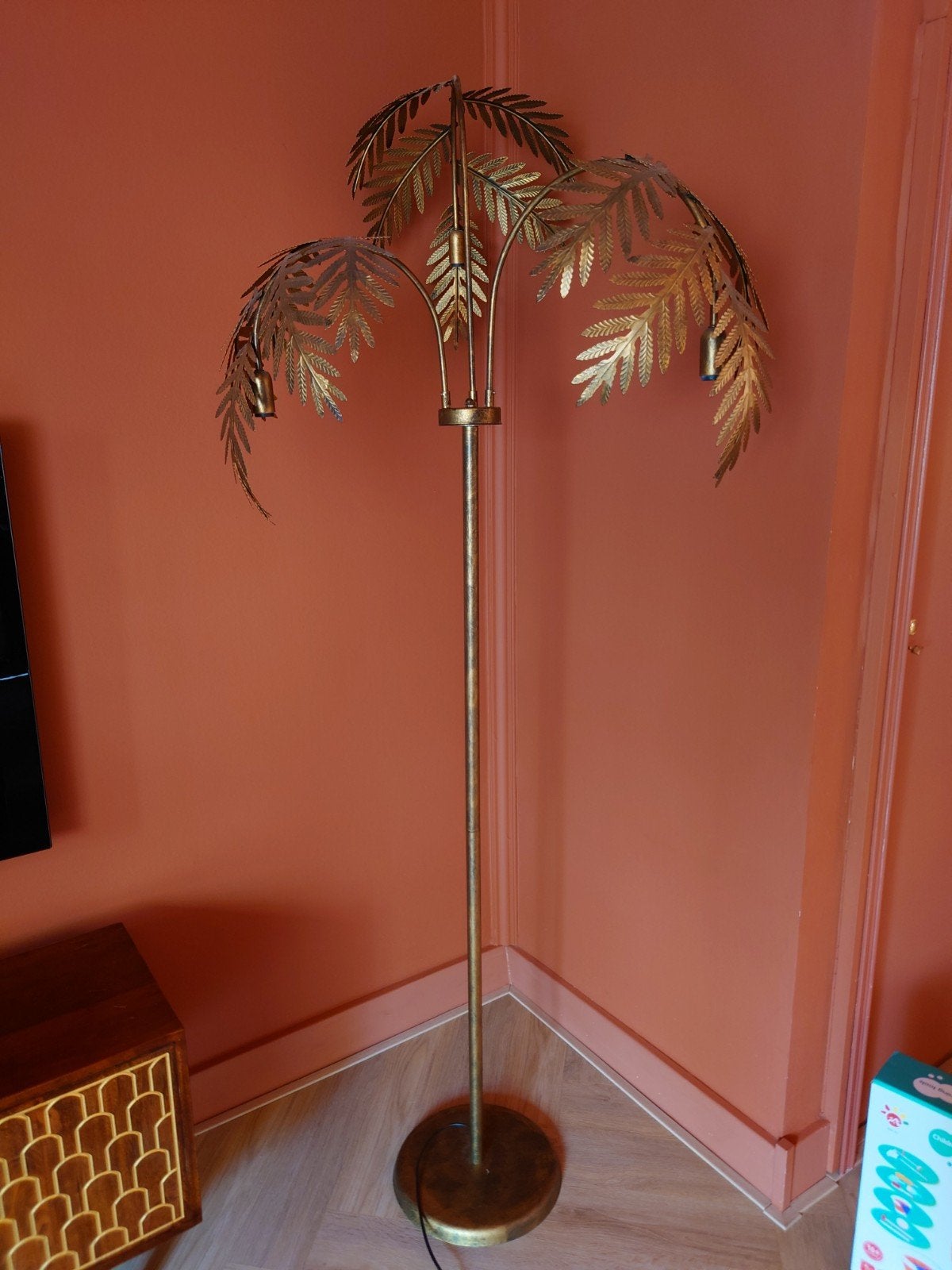 Vloerlamp tropische plant, goud., Ophalen, E14 (klein), Zo goed als nieuw, Metaal