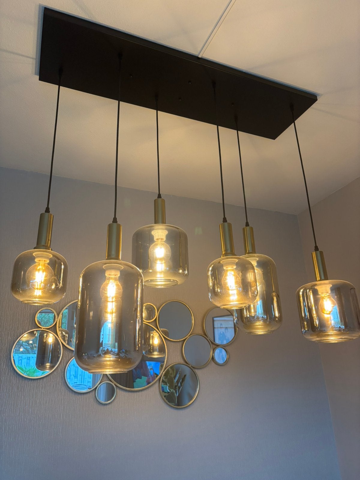 Hanglamp met 6 glazen bollen gerookt glas, Ophalen, Zo goed als nieuw, Glas