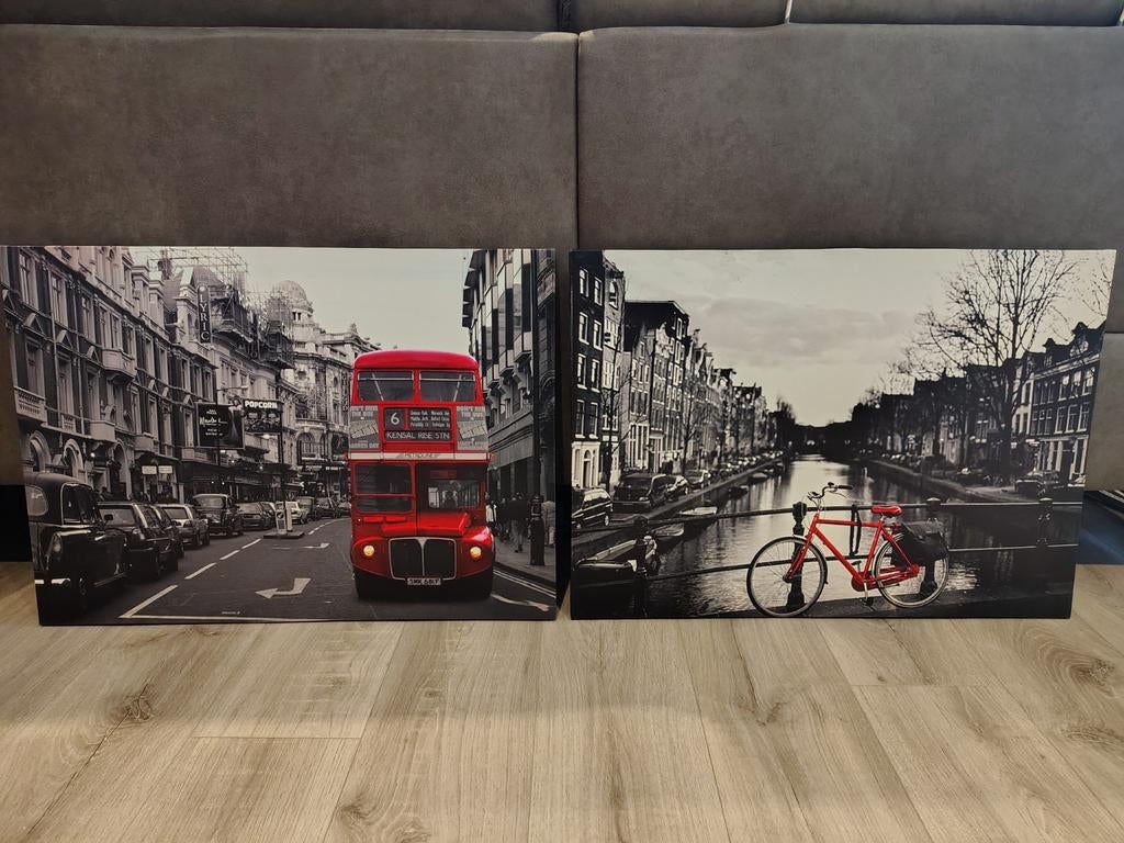 Canvas/Schilderij: Londen Bus & Amsterdam Fiets (meerdere), Ophalen, Zo goed als nieuw, 75 tot 100 cm, Schilderij
