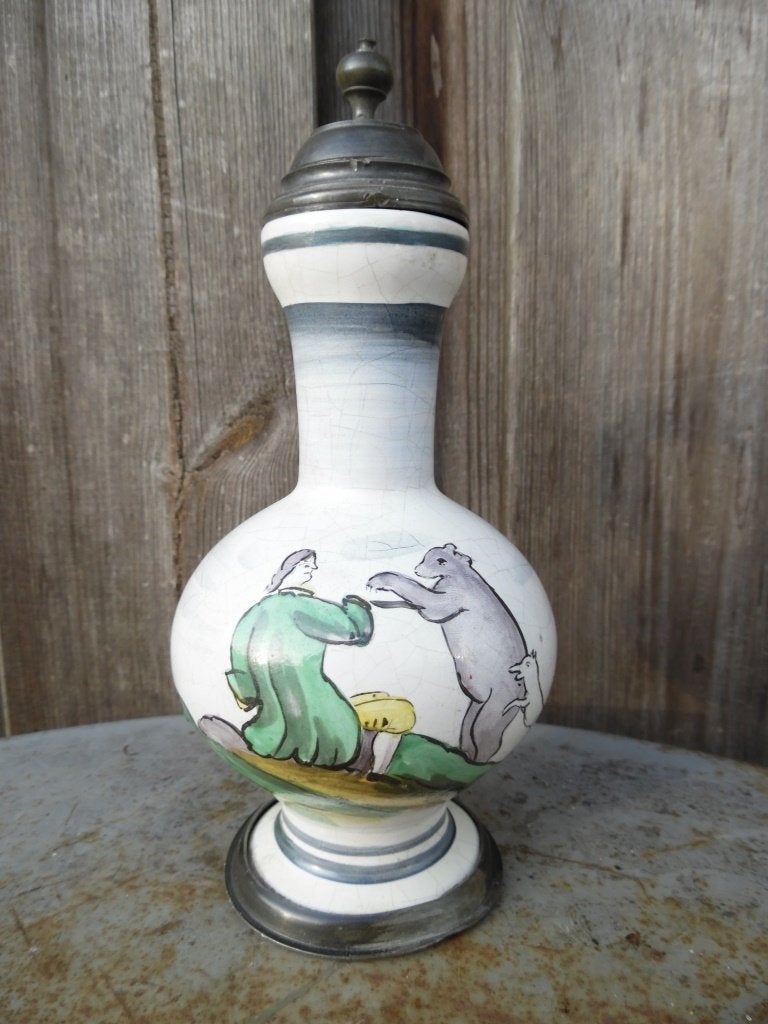 18e eeuws Faience Kruikje Enghalskruikje met Tinnen Deksel, Ophalen