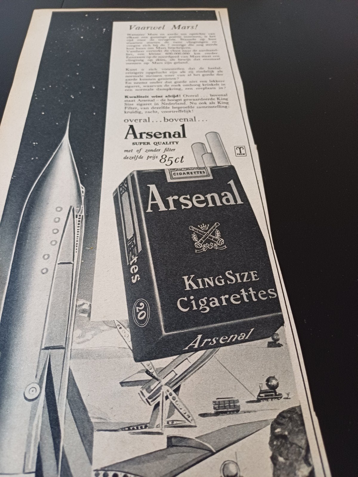 advertentie Arsenal sigaretten vaarwel mars 1956, Ophalen of Verzenden, Zo goed als nieuw, Sigarenbandjes