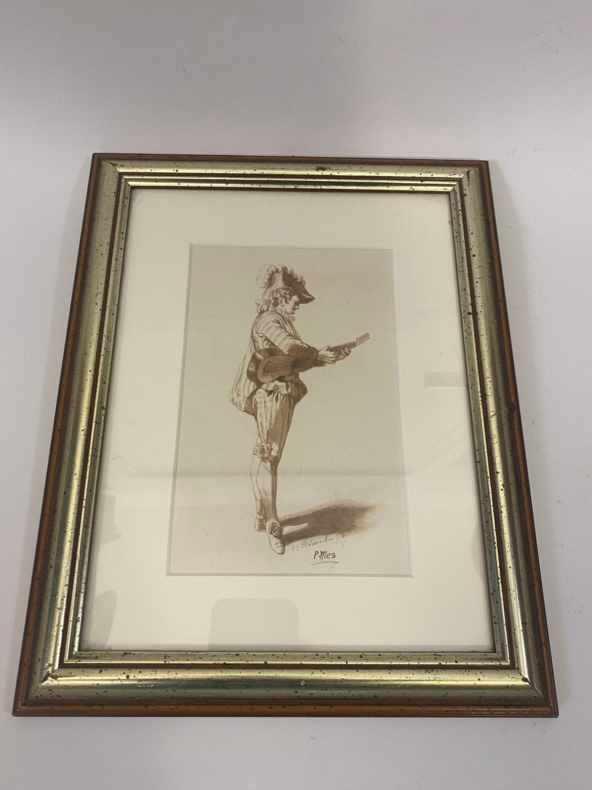 Vintage tekening van muzikant met luit, gesigneerd P. Mles, Antiek en Kunst, Ophalen of Verzenden