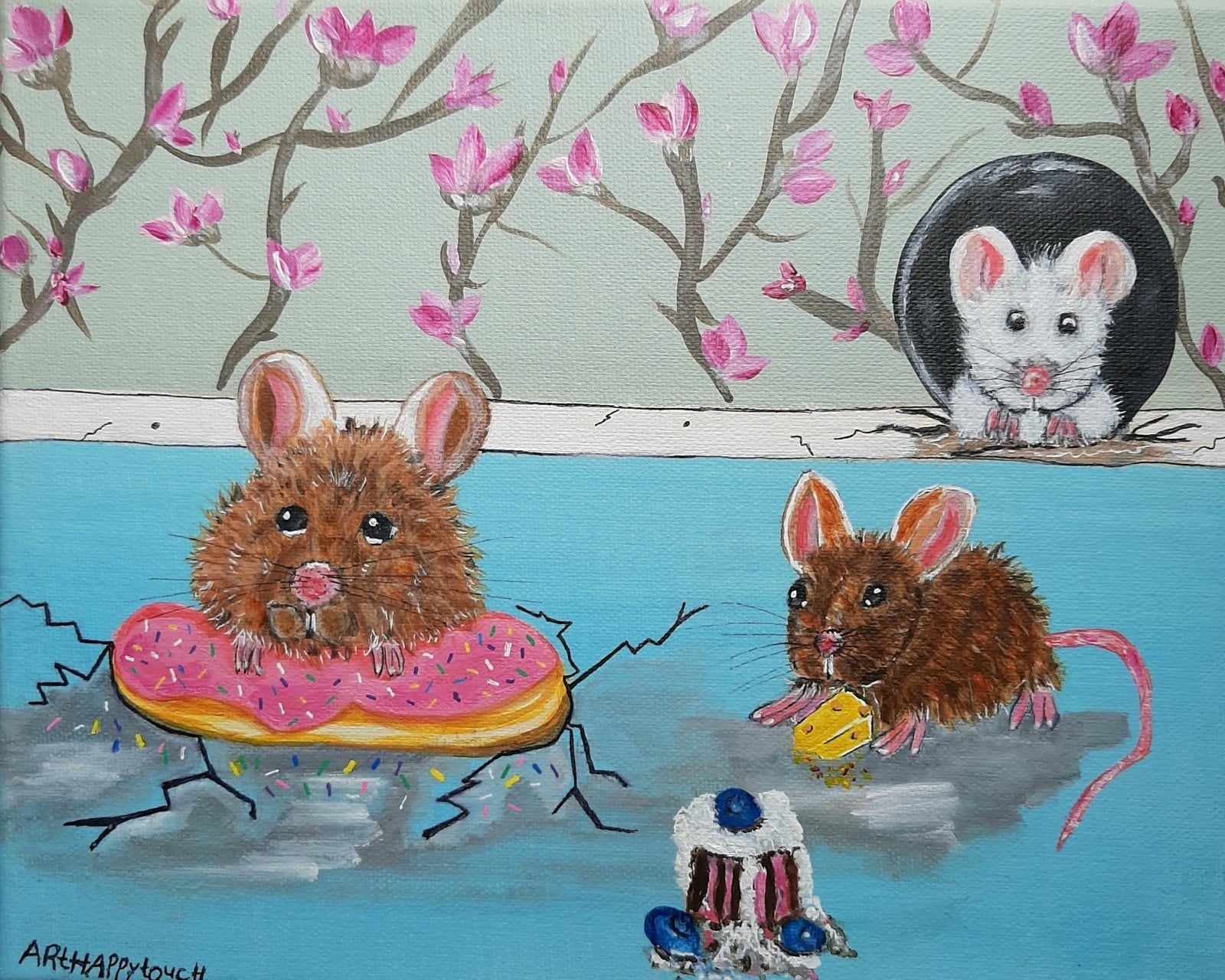 Schilderij Muizen snoepen in vrolijk acryl op canvas, Ophalen of Verzenden, Acrylverf, Dieren