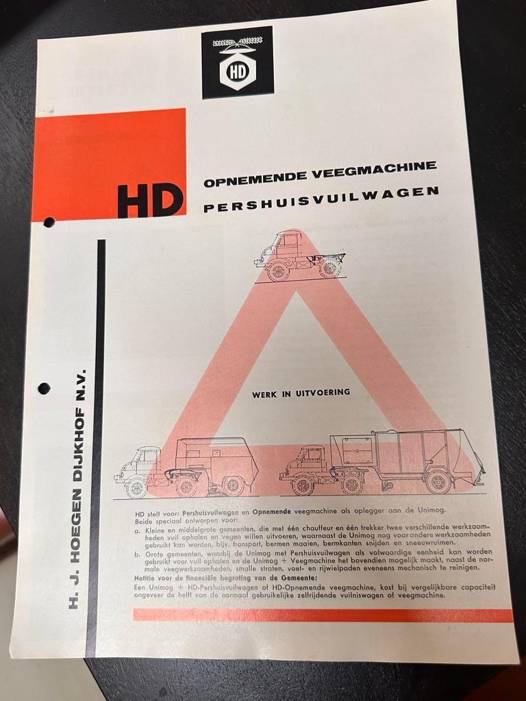 Oude folder jaren 60: HD Veegmachine Pershuisvuilwagen Unimo, Ophalen of Verzenden, Zo goed als nieuw, Overige merken
