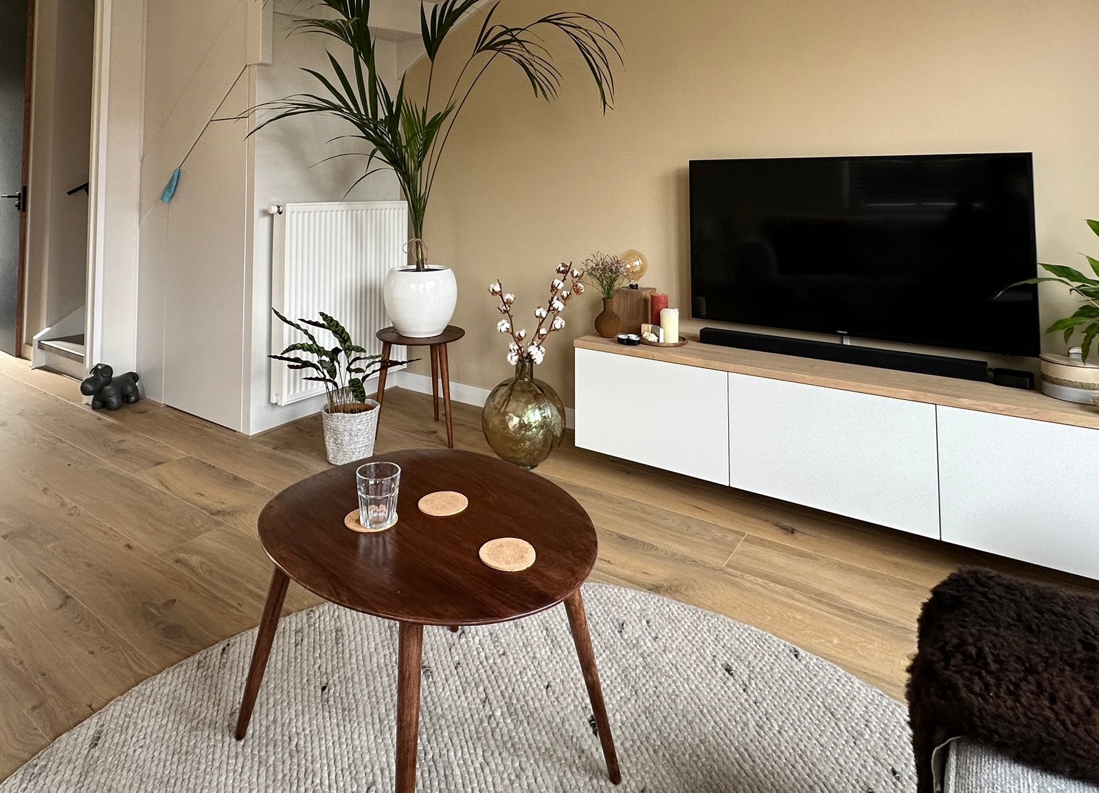 Vloerkleed rond 200cm wol wit/gemeleerd/crême, Ophalen, Japandi, Gebruikt, Rond