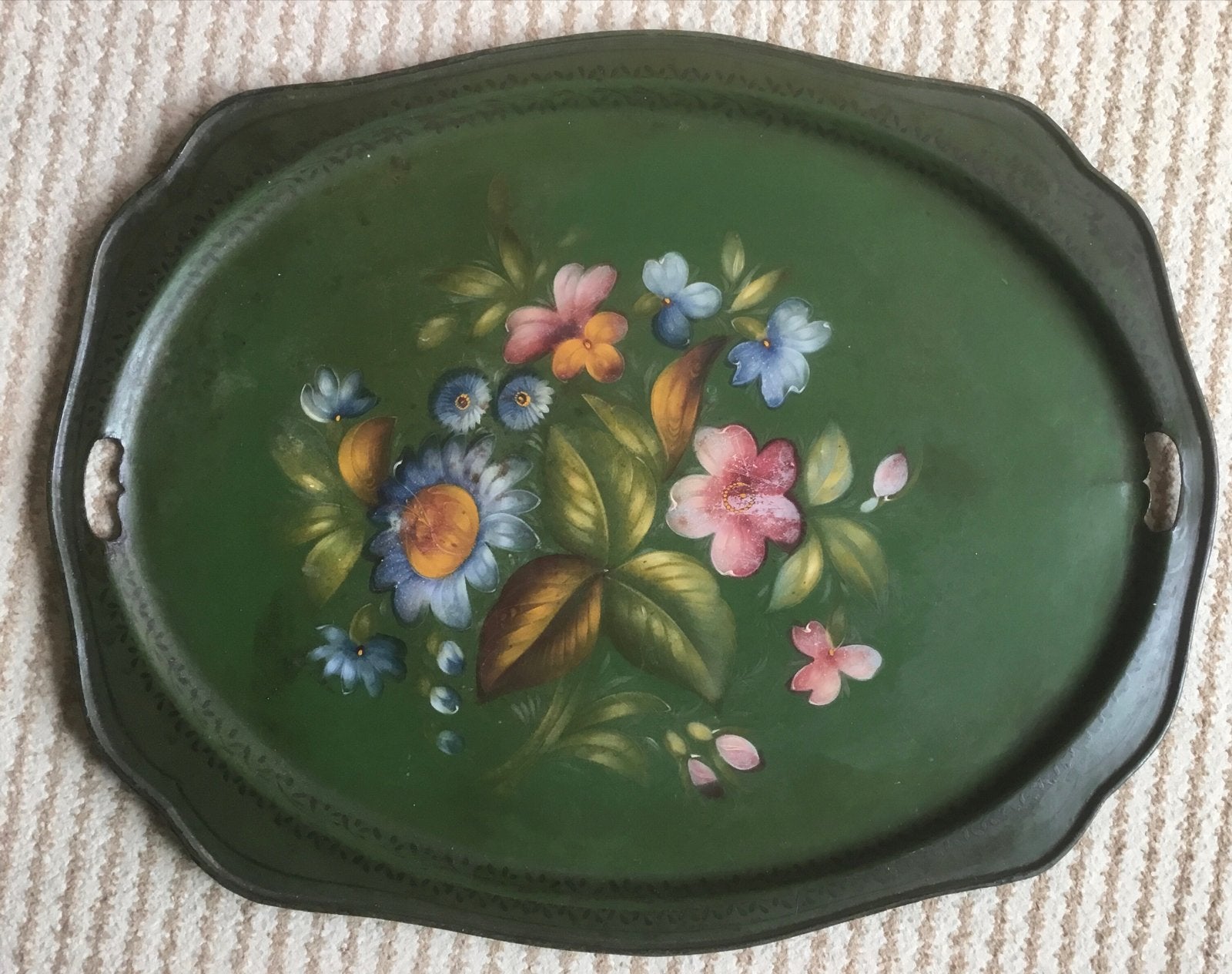 Vintage Groene Dienblad met Handgeschilderde Bloemen, Ophalen of Verzenden