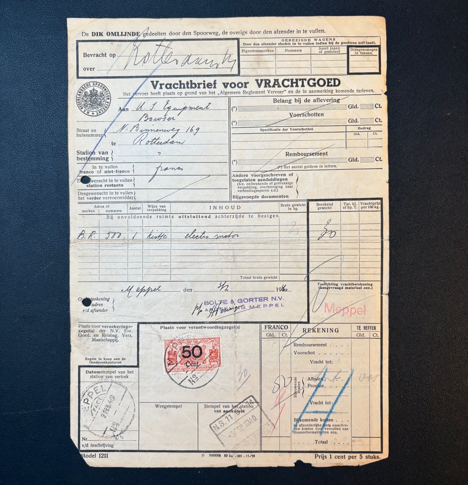 Vrachtbrief elektromotor van Meppel naar Rotterdam (1940), Ophalen of Verzenden, Gebruikt, Trein