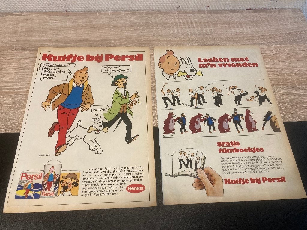 Kuifje Persil reclames uit Pep 1973-4, Ophalen of Verzenden, Kuifje, Gebruikt, Plaatje, Poster of Sticker