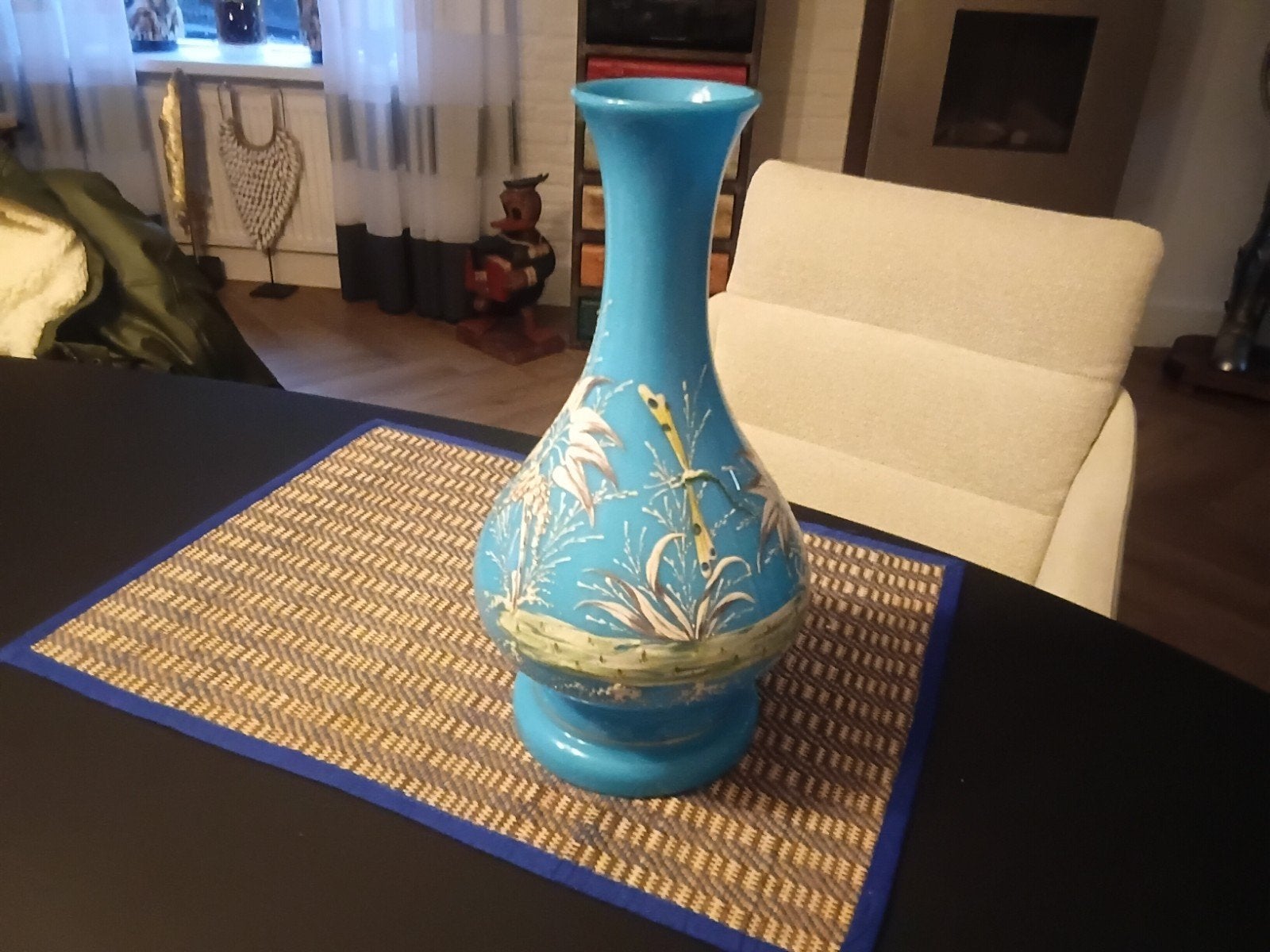 Vintage turquoise  met handgeschilderde decoratie.opaline ., Antiek en Kunst, Ophalen of Verzenden