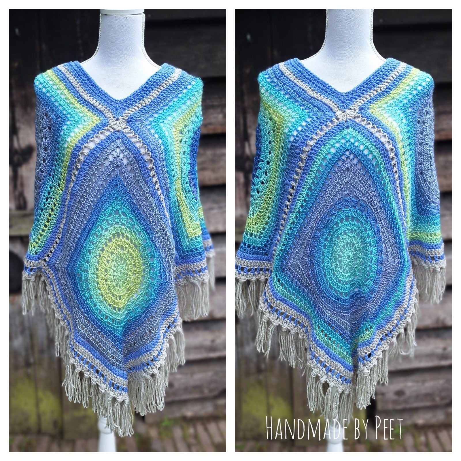 Handgemaakte Gehaakte Poncho met Franjes - Blauw/Groen, Handmade by Peet, Ophalen of Verzenden, Nieuw