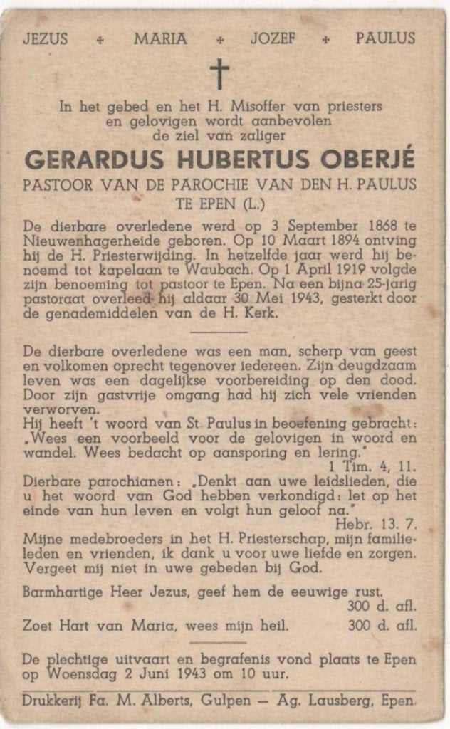 pastoor Gerardus Oberjé  1868 Nieuwenhagerheide + 1943 Epen, Verzamelen, Bidprentjes en Rouwkaarten, Ophalen of Verzenden