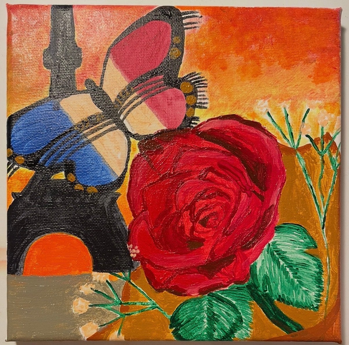 Schilderij: Eiffeltoren, vlinder en roos, Antiek en Kunst, Kunst | Schilderijen | Klassiek, Acrylverf, Expressionistisch, Handgeschilderd