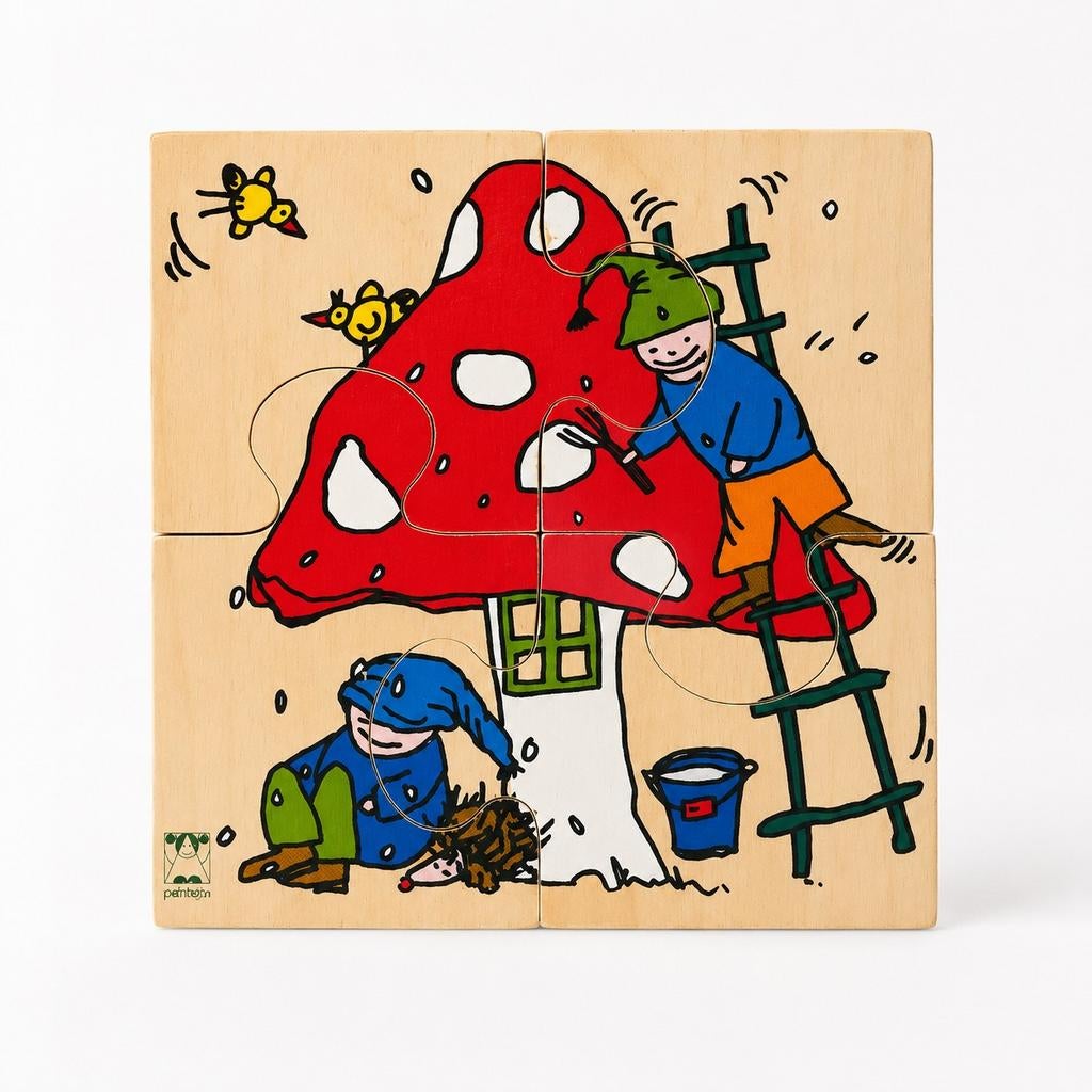 Houten puzzel kabouters bij paddenstoel 4 stukjes, 2 tot 4 jaar, Gebruikt, Ophalen of Verzenden, Van hout