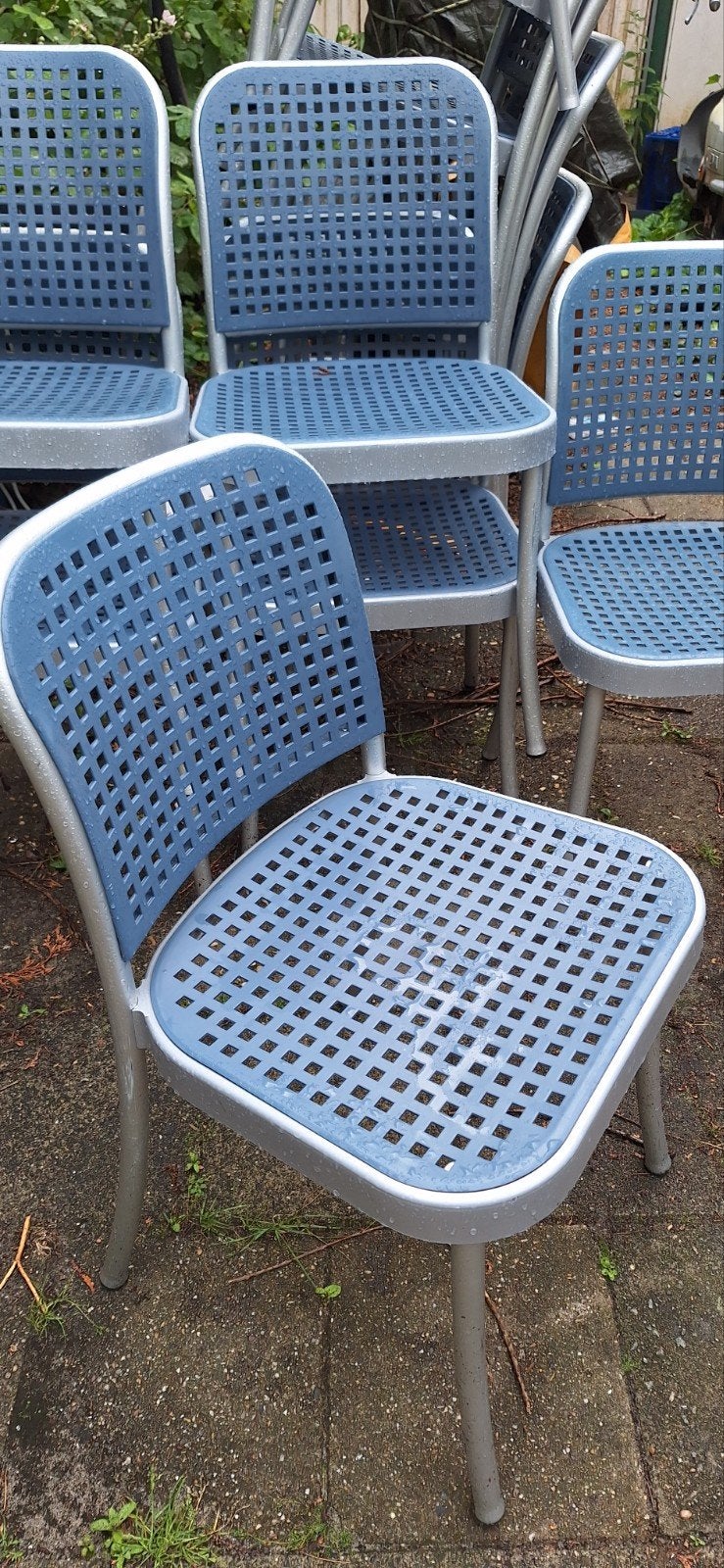 Set van 6 blauwe tuinstoelen met metalen frame, Ophalen, Blauw, Vijf, Zes of meer stoelen, Modern, Tuin