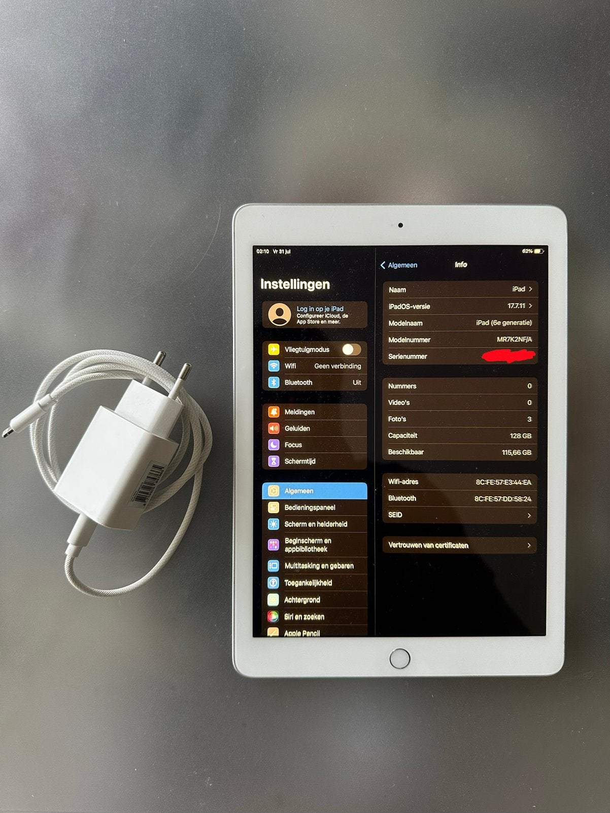 Apple iPad 6e generatie 128GB WiFi + Oplader, Gebruikt, 32 GB, Apple iPad, Wi-Fi
