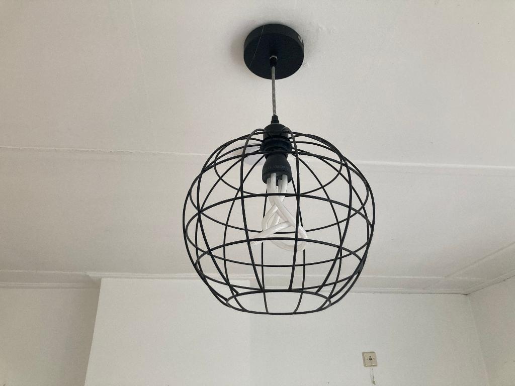 Moderne bolvormig open draadstaal hanglampje met wortellamp, Huis en Inrichting, Lampen | Hanglampen, Zo goed als nieuw, 50 tot 75 cm