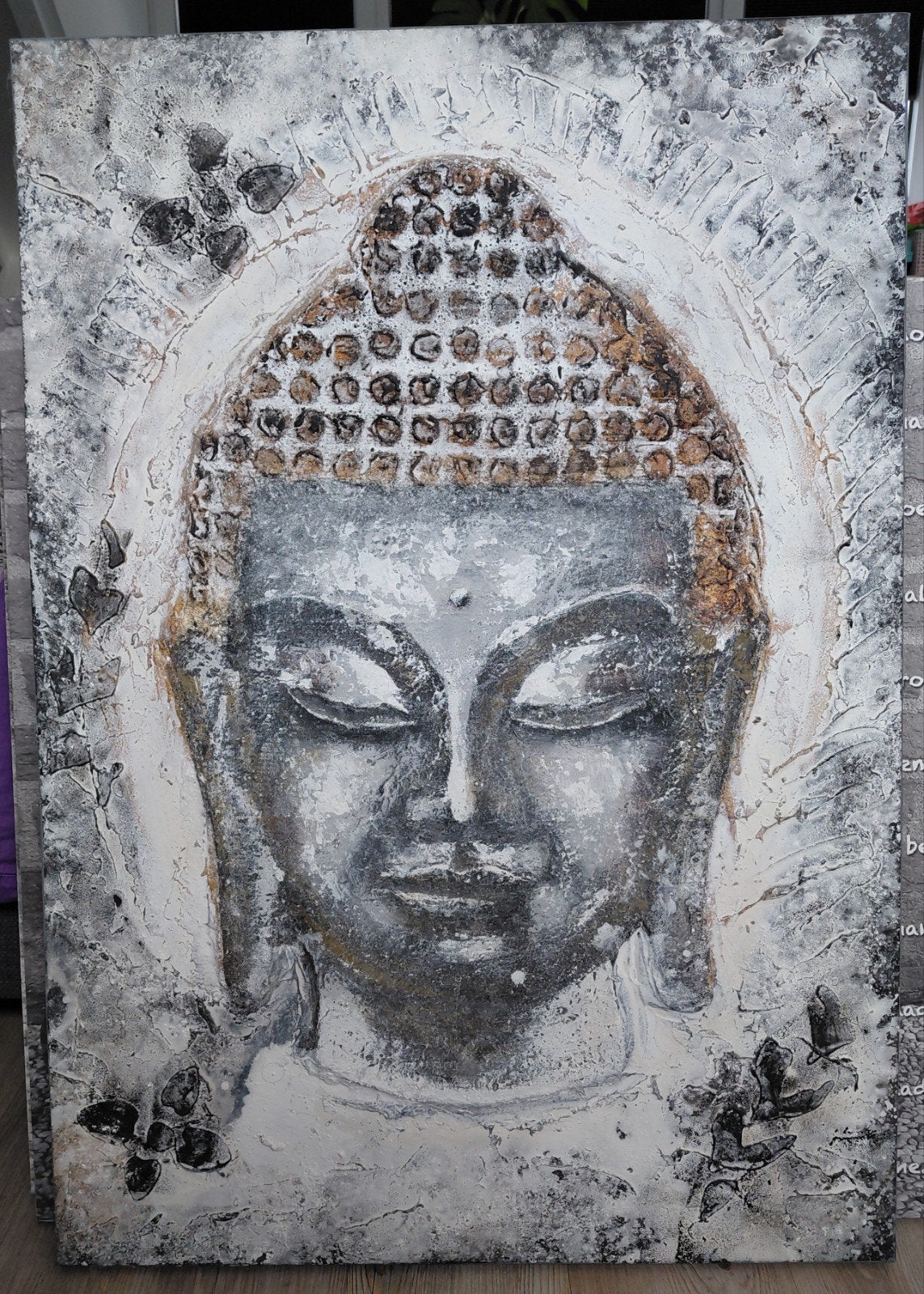 Boeddha schilderij met textuur, grijs/wit/goud, 100x70cm, Ophalen