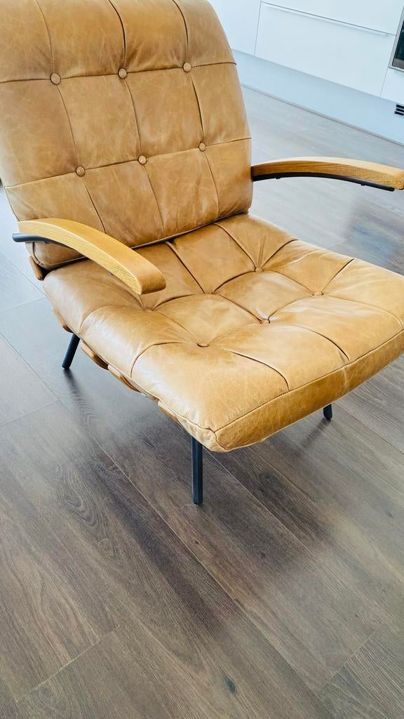 Fauteuil Bastiaan van Leonora - Cognac Leer & Hout, Huis en Inrichting, Fauteuils, Gebruikt, Leer, 75 tot 100 cm, Ophalen