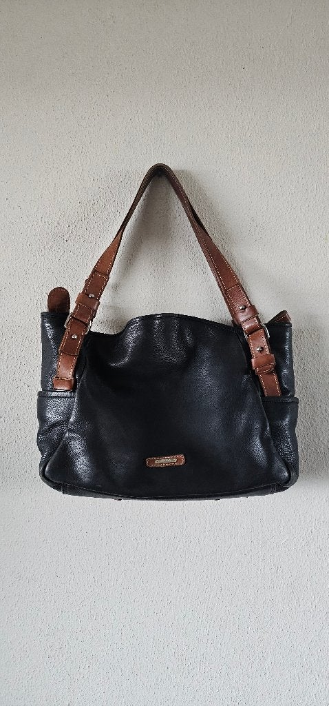 Berba Leren Handtas - Zwart met Bruine Details 24325, Ophalen of Verzenden, Gebruikt, Zwart, Handtas