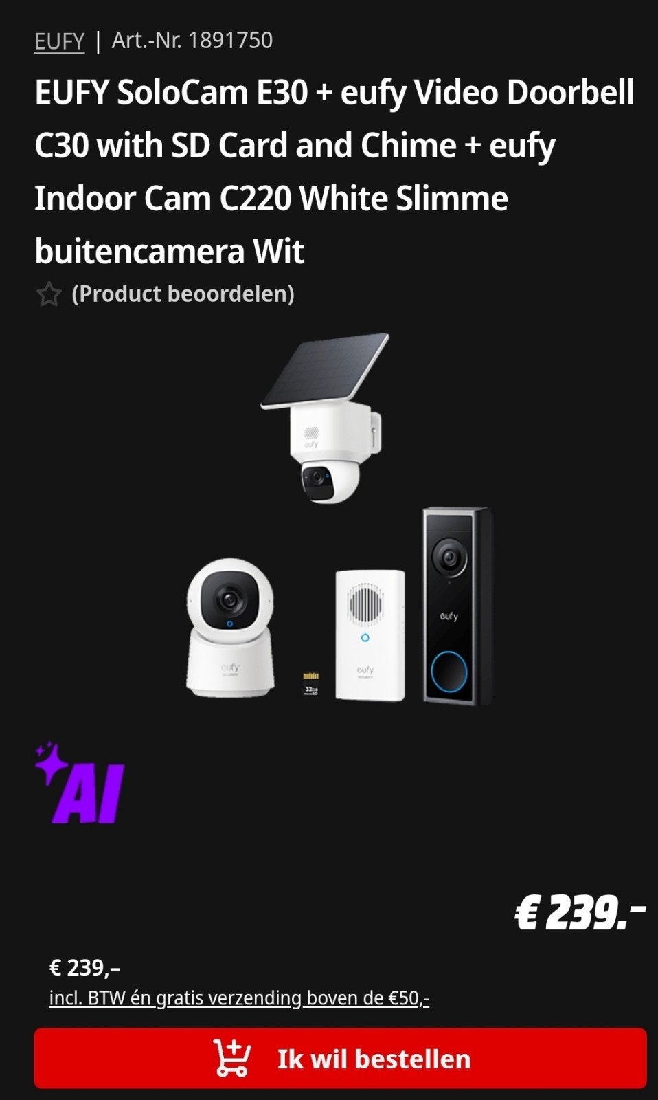 Eufy set deurbel binnen en buiten camera, Audio, Tv en Foto, Videobewaking, Ophalen of Verzenden, Nieuw, Buitencamera