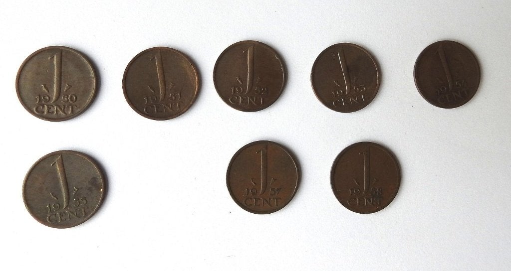 8 Centen 1950 51 52 53 54 55…. 57 58….    //    , Postzegels en Munten, Verzenden, Koningin Juliana, 1 cent, Setje