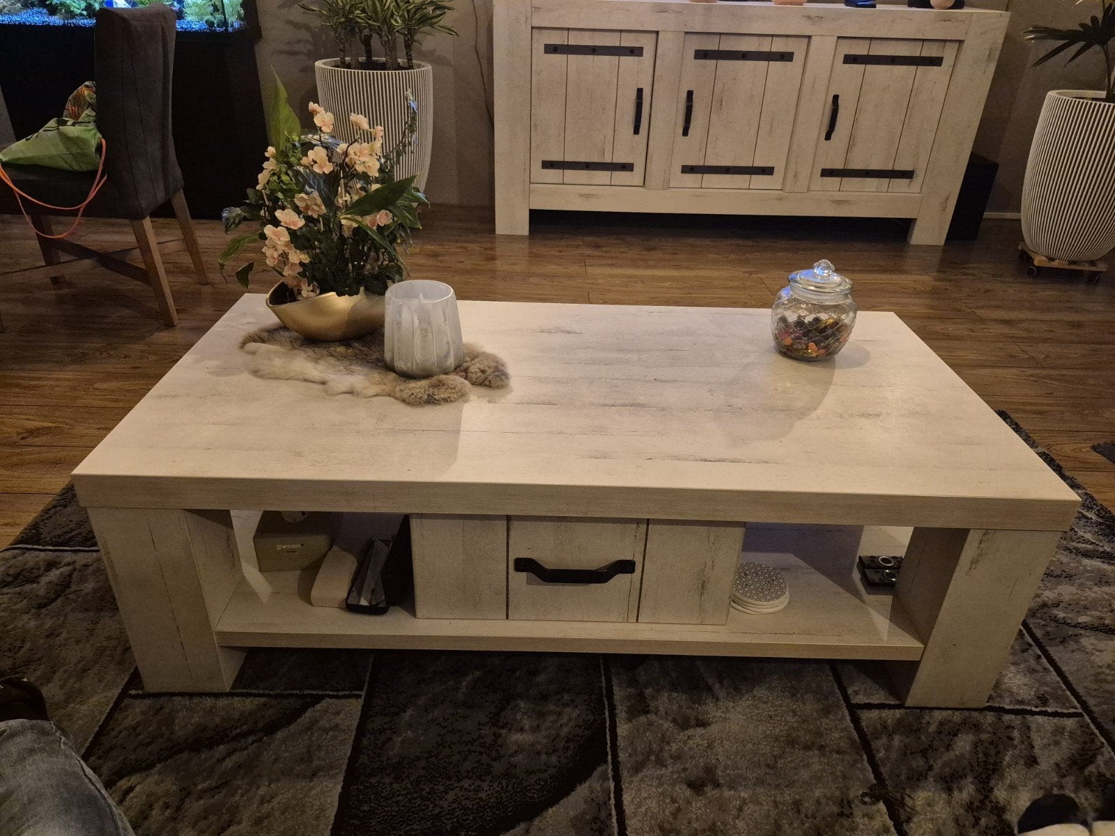 Salontafel met lade en opbergruimte - Wit/Houtlook, Huis en Inrichting, Ophalen, 100 tot 150 cm, 50 tot 100 cm, Zo goed als nieuw