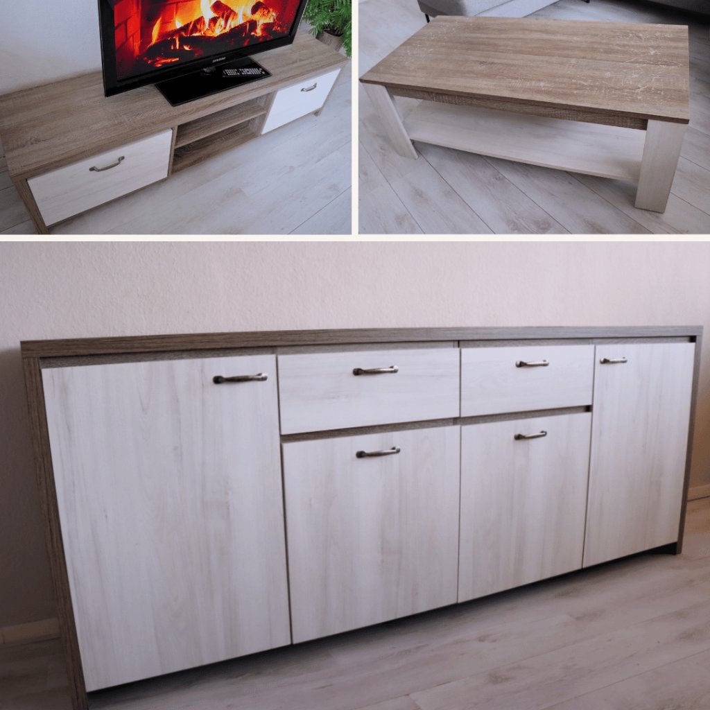 Salontafel + tv-meubel + kast (complete meubelset huiskamer), Kunststof, Moderne combinate van wit en bruin, Ophalen of Verzenden