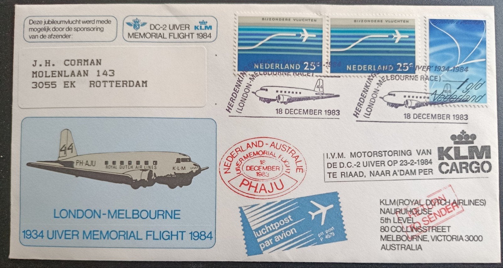 Memorial flight 1984 - ****RAMPPOST****, Postzegels en Munten, Postzegels | Nederland, Ophalen of Verzenden, Na 1940, Gestempeld