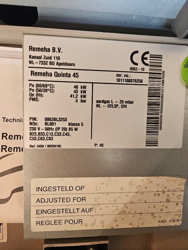 Remeha Quinta CV-ketels cv verwarmingsketel ( 255 ), Ophalen, 30 tot 80 cm, Cv-ketel of Combi-ketel, Minder dan 60 cm