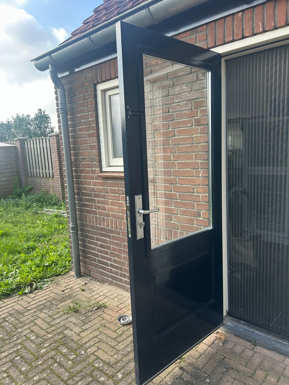 Hard houten Achterdeur Donkerblauw met dubbelglas, Doe-het-zelf en Verbouw, Ophalen, 80 tot 100 cm, 200 tot 215 cm, Hout