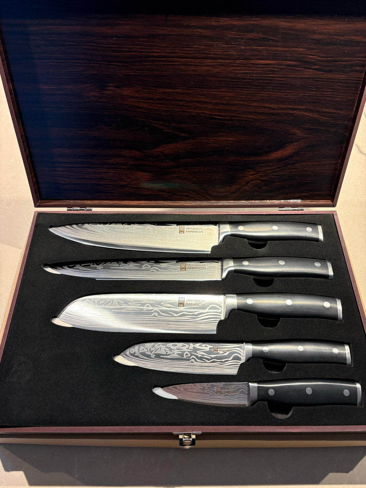 Luxe Damascus Messenset - 5-delig in Houten Kist, Bestekset, Nieuw, Ophalen of Verzenden, Rvs of Chroom