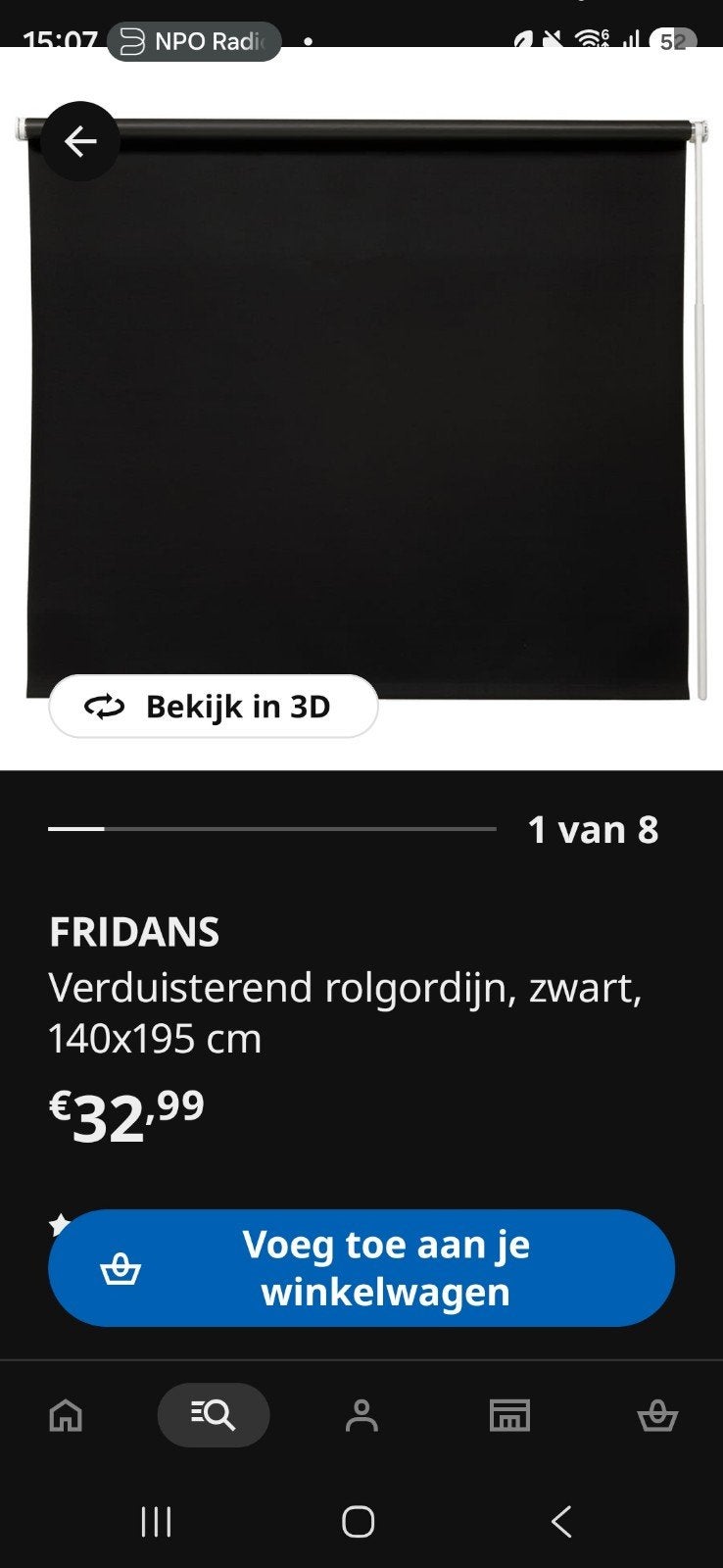 IKEA FRIDANS Verduisterend Rolgordijn Zwart 140x195 cm, Ophalen, Verduisterend, Zwart, Zo goed als nieuw