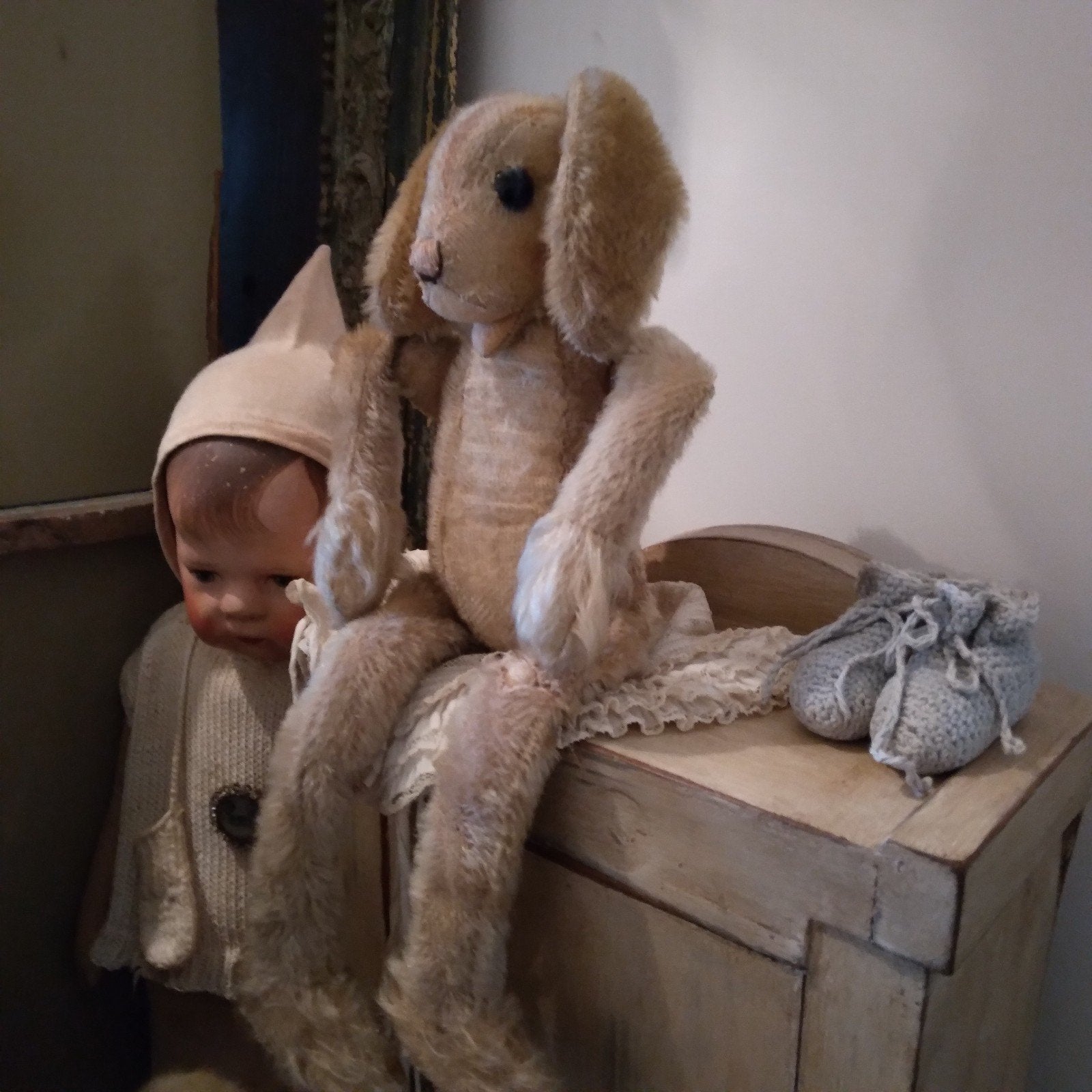 antiek steiff haasje met knop, Ophalen