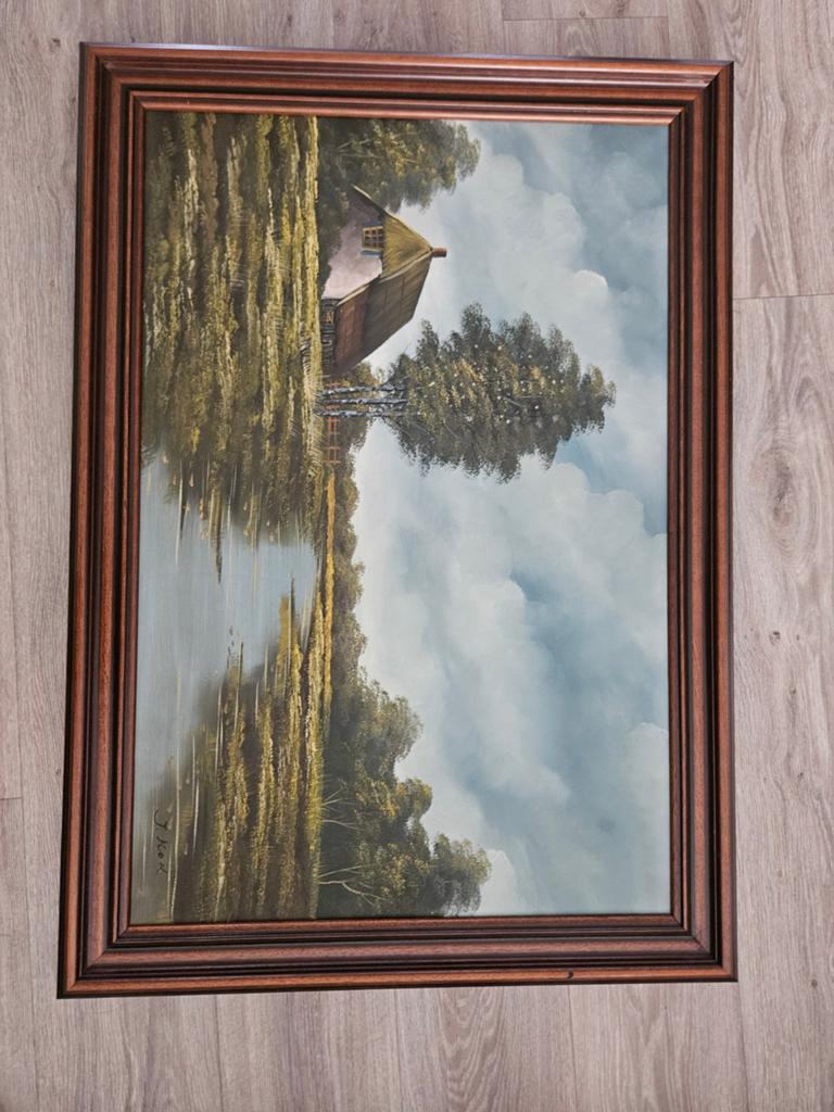 Schilderij J. Kok - Landschap met boerderij aan het water, Antiek en Kunst, Kunst | Schilderijen | Klassiek, Ophalen of Verzenden