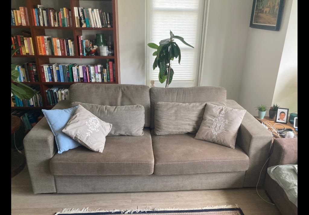 Linnen bank beige, Huis en Inrichting, Banken | Bankstellen, Ophalen, Gebruikt, 100 tot 125 cm, Driepersoons