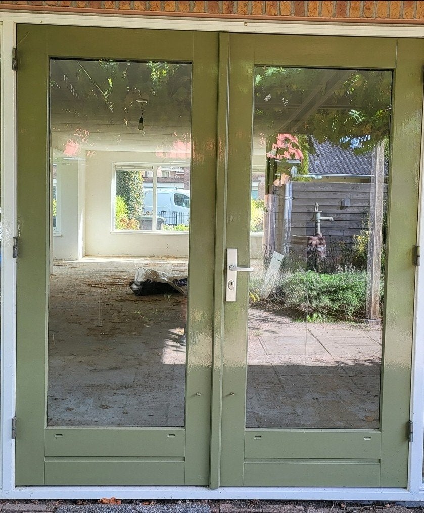 Dubbele tuindeuren met glas - Zo goed als nieuw, Ophalen, 120 cm of meer, 200 tot 215 cm, Glas