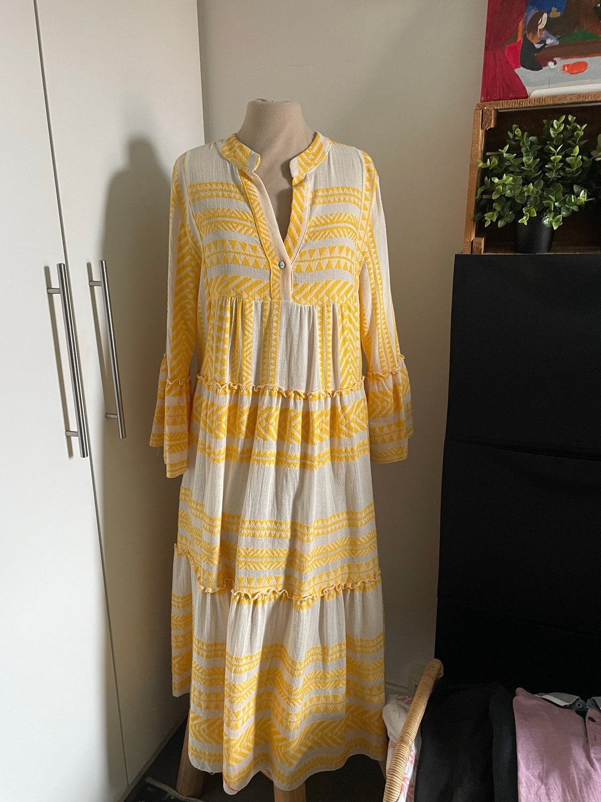Zomerse Senes maxi-jurk met gele print met prijskaartje, Maat 38/40 (M), Geel, Nieuw, Ophalen of Verzenden