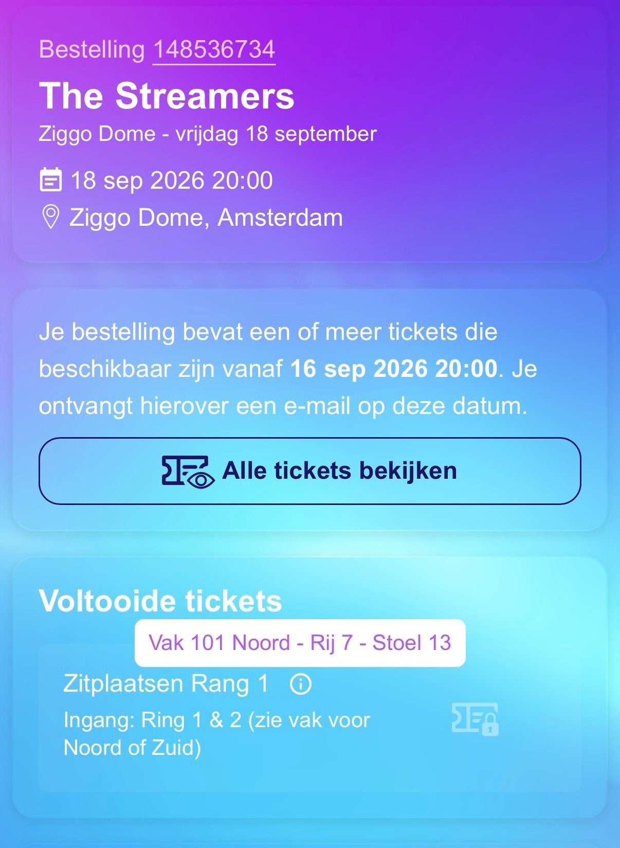 5 Tickets The Streamers 1e rang 18-09-2026, Tickets en Kaartjes, Drie personen of meer