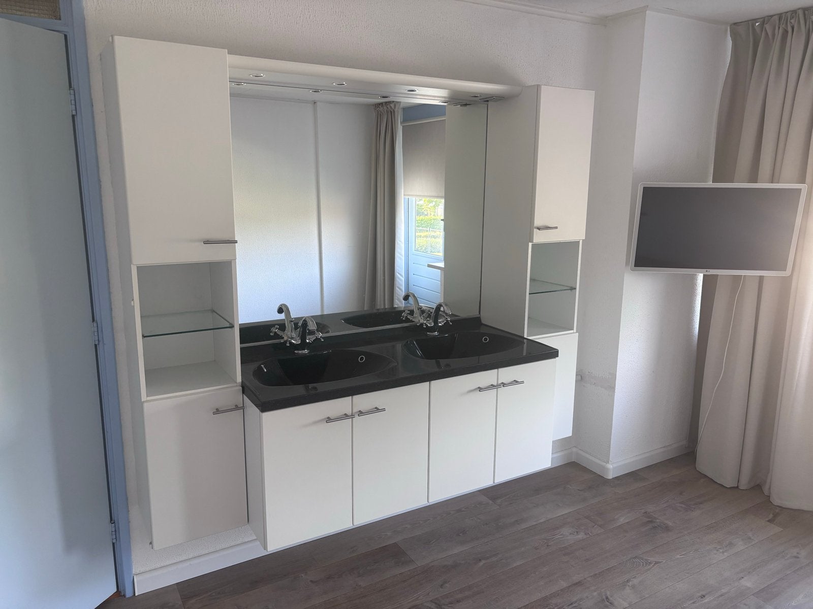 Badkamermeubel met dubbele wastafel en spiegelkast, Huis en Inrichting, Badkamer | Badkamermeubels, Gebruikt, 25 tot 50 cm, 50 tot 100 cm