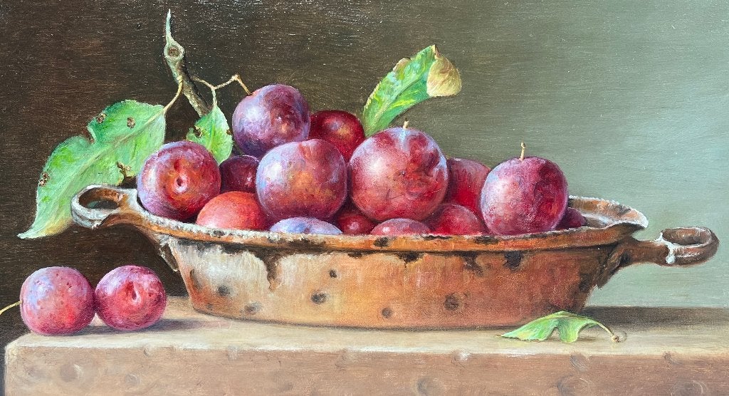 Schilderij pruimen in een pan op paneel. Hans Habraken, Paneel, Realistisch, Stilleven, Ophalen of Verzenden