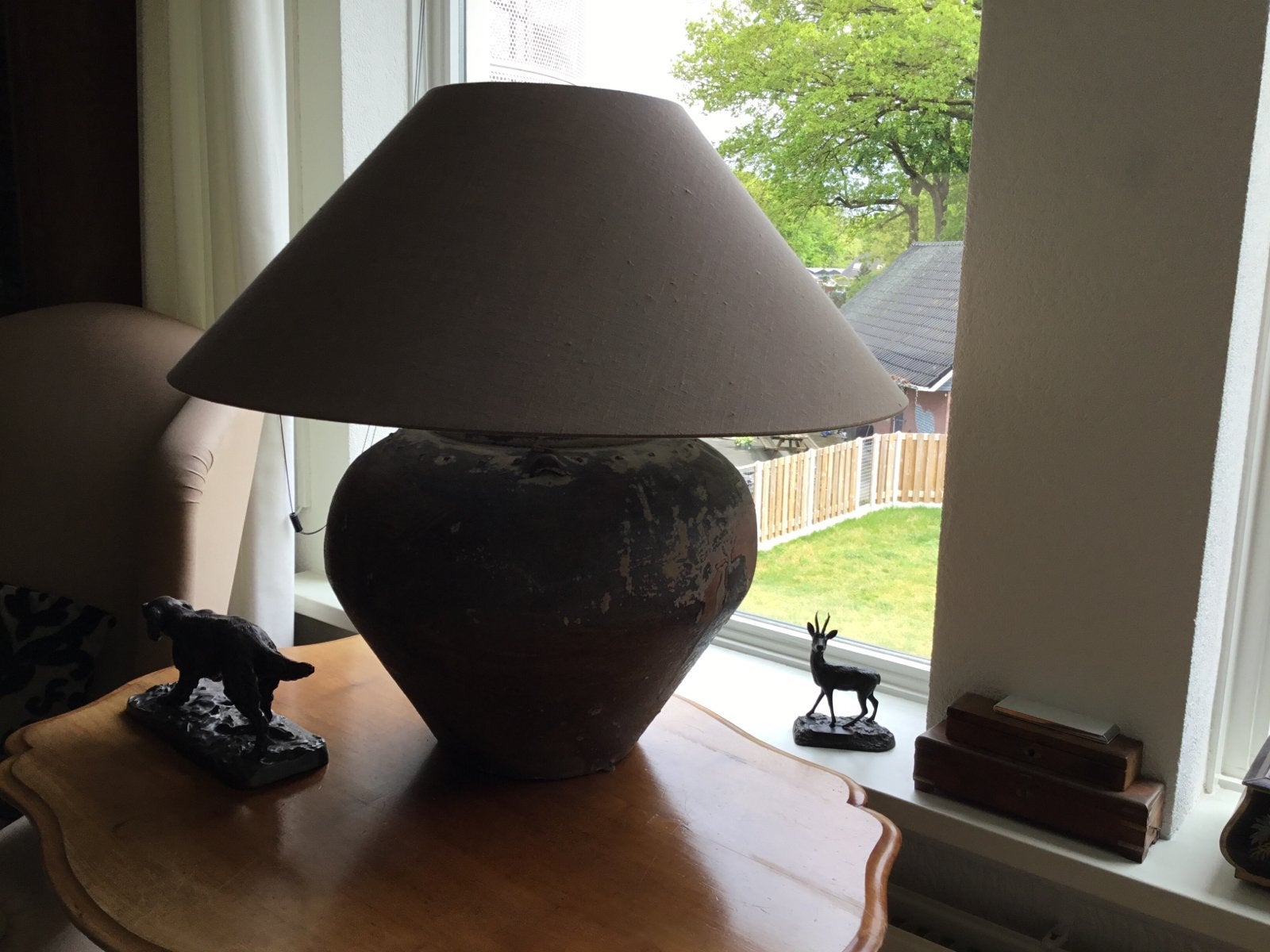 Rustieke Kruiklamp met Stoffen Kap - Unieke Sfeermaker, Overige merken, Gebruikt, Bruin, Steen/keramiek