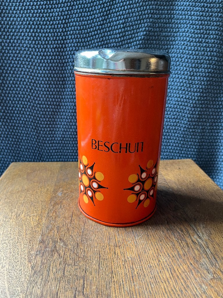 Vintage oranje beschuitbus met retro print, Ophalen, Gebruikt, Beschuit, Overige merken