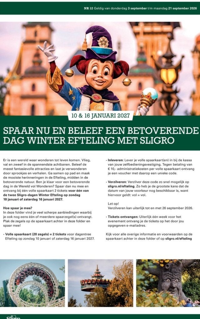 efteling Sligro volle kaarten €27,50, Tickets en Kaartjes, Drie personen of meer, Ticket of Toegangskaart