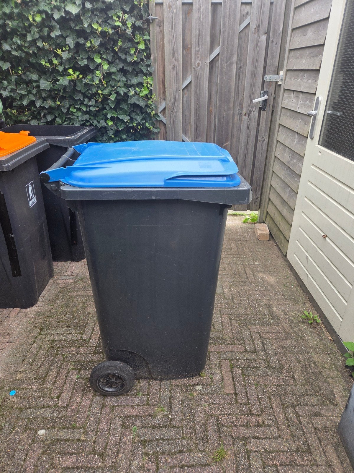 Grote afvalcontainer / kliko met blauw deksel, Ophalen, Kunststof, Gebruikt, Met deksel