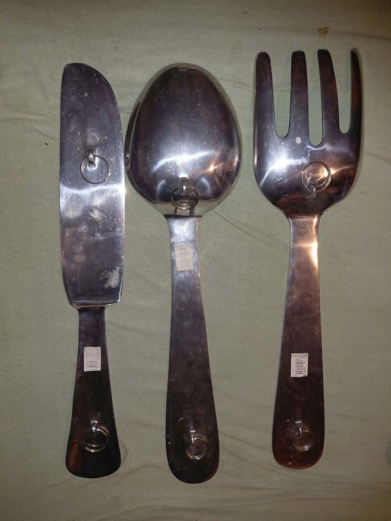 Deze wanddecoratie set bestaat uit een lepel, vork en mes., Ophalen, Gebruikt, Zilver, Wandhanger