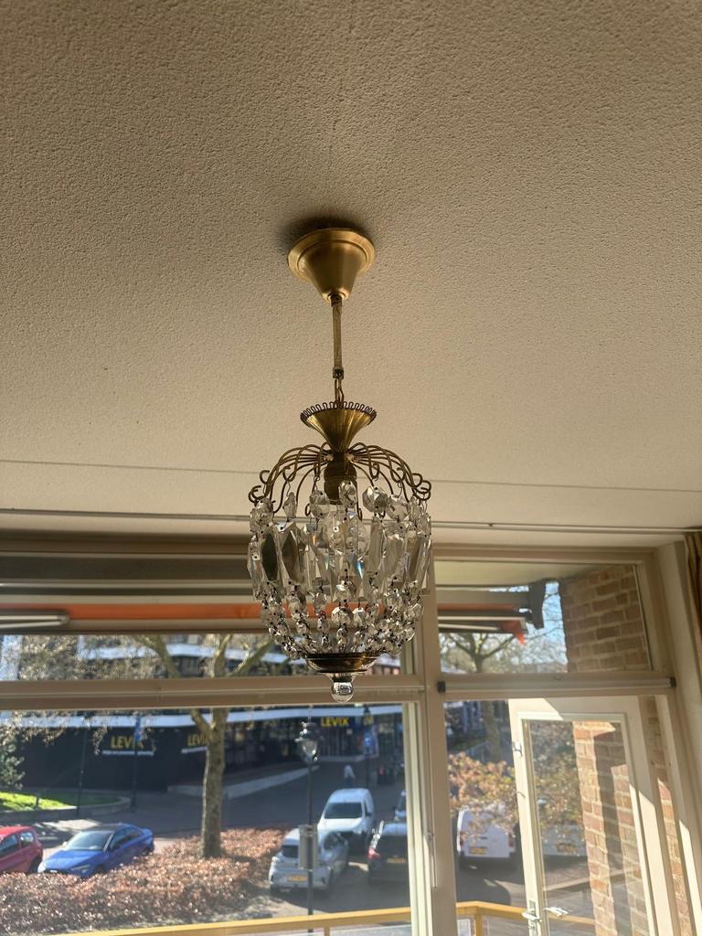 Kroonluchter met kristallen, 30cm rond, 50cm lang, Ophalen, Gebruikt, Glas